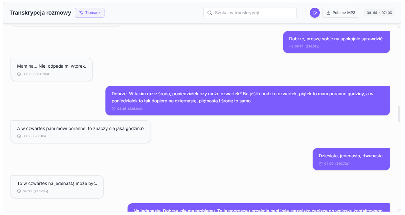 Panel CallSea — transkrypcja rozmowy w formie czatu ze znacznikami czasu, wyszukiwarką i odtwarzaczem nagrania